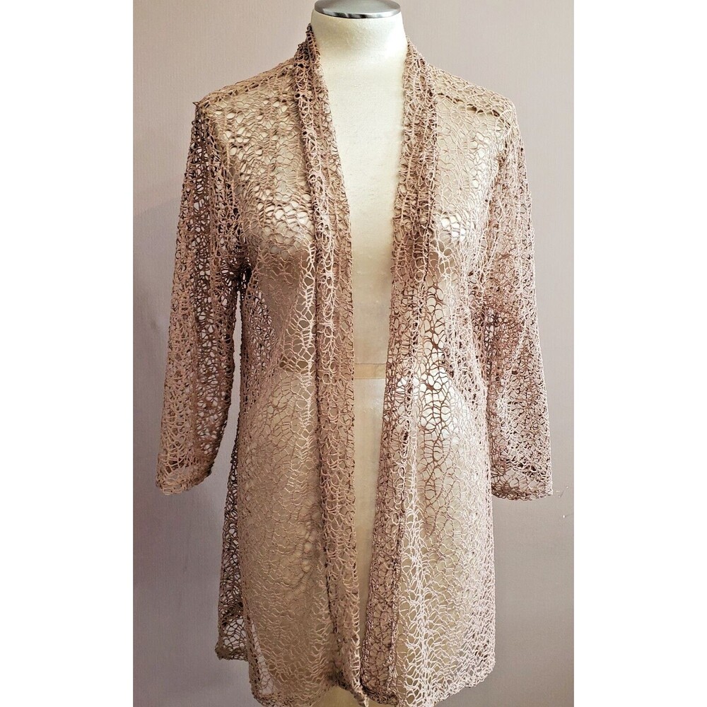 Cal Style Open Cardigan Swimsuit Cover M Beige Open Weave Lacy Fishnet 3/4 Slv